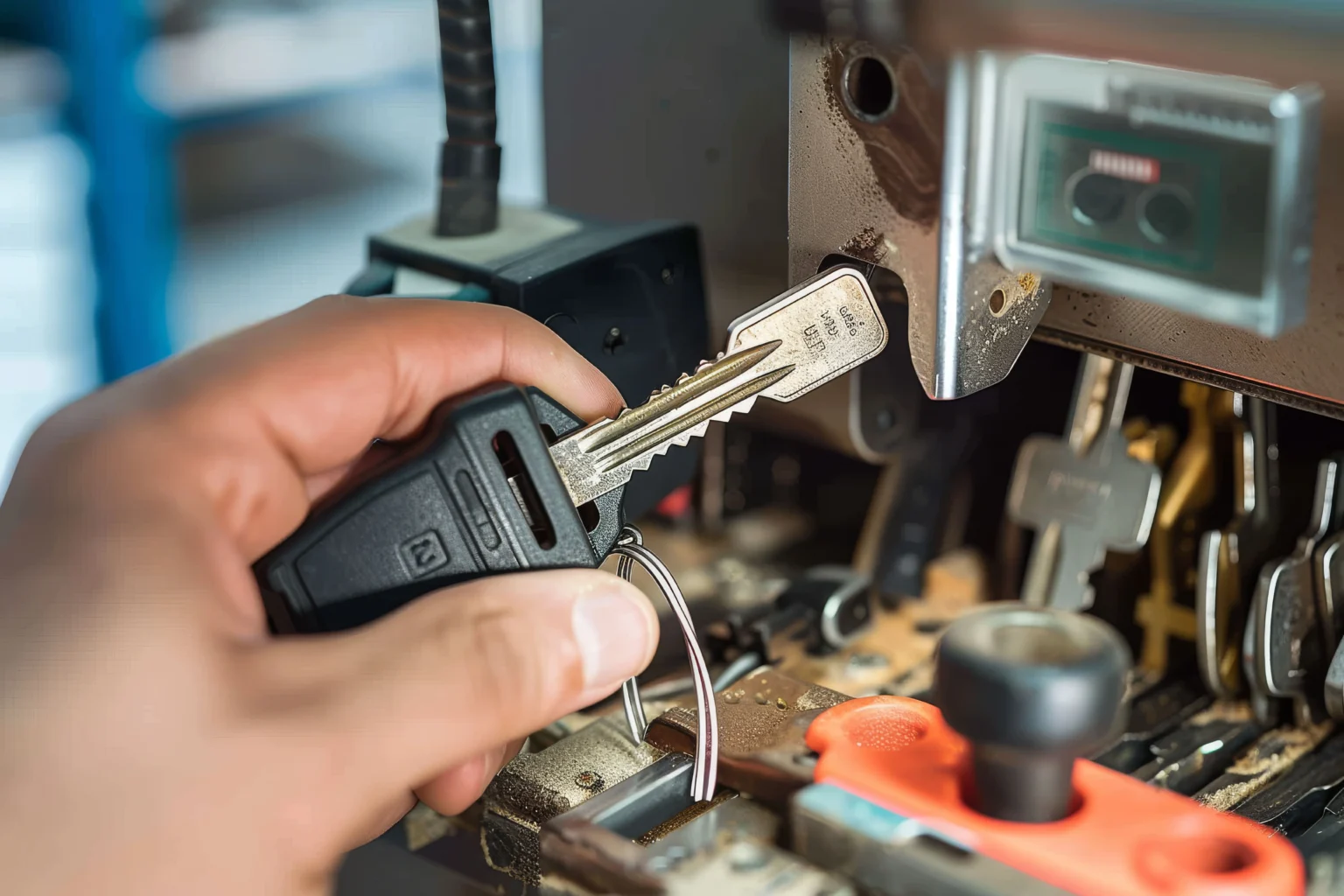 vue-rapprochee-d-une-machine-a-copier-cles-avec-une-cle-un-jeune-homme-coupeur-de-cles-professionnel-fabriquant-des-cles-de-porte-co